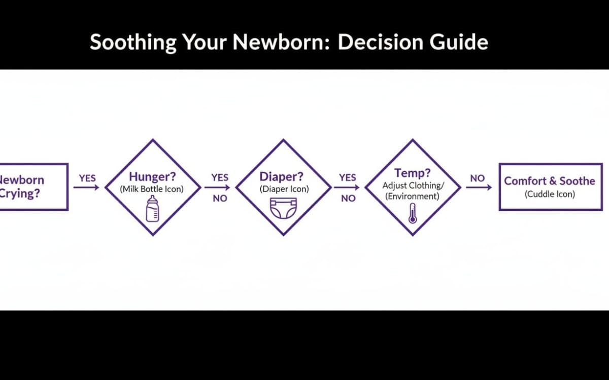 A flowchart guiding parents on how to soothe a crying newborn by checking hunger, diaper, and temperature.