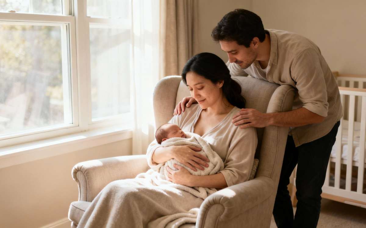 Loving parents admiring their newborn baby in a sunlit nursery, celebrating their new family.