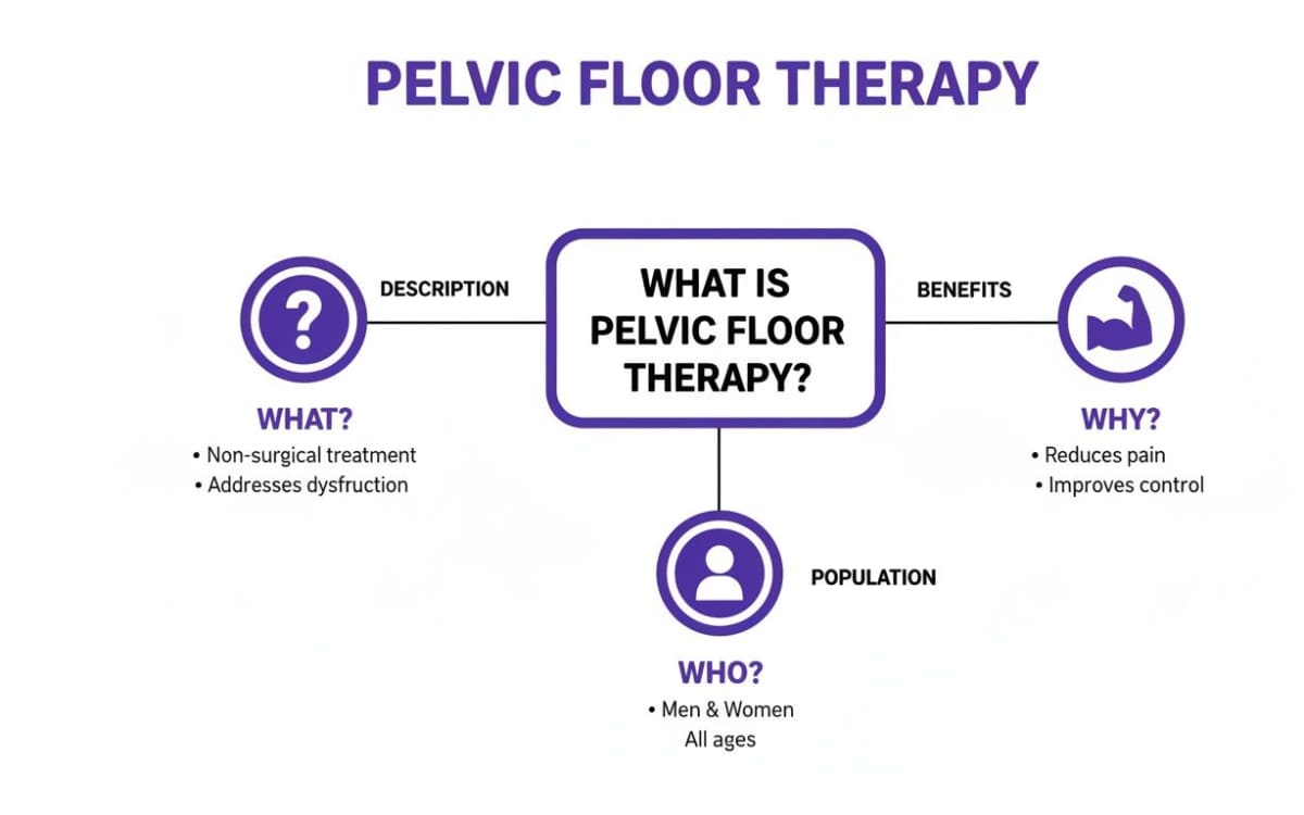 An infographic explaining pelvic floor therapy, detailing its description, benefits, and target population.