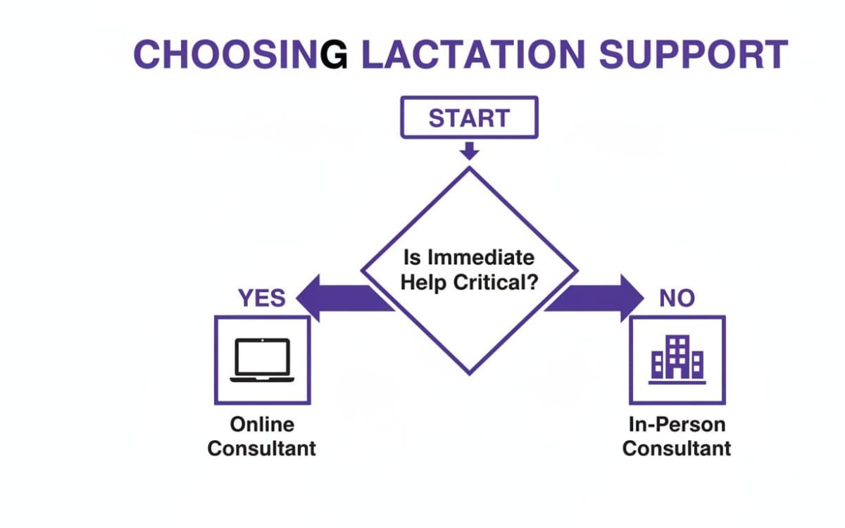 Flowchart for choosing lactation support: online consultant if immediate help is critical, otherwise in-person.