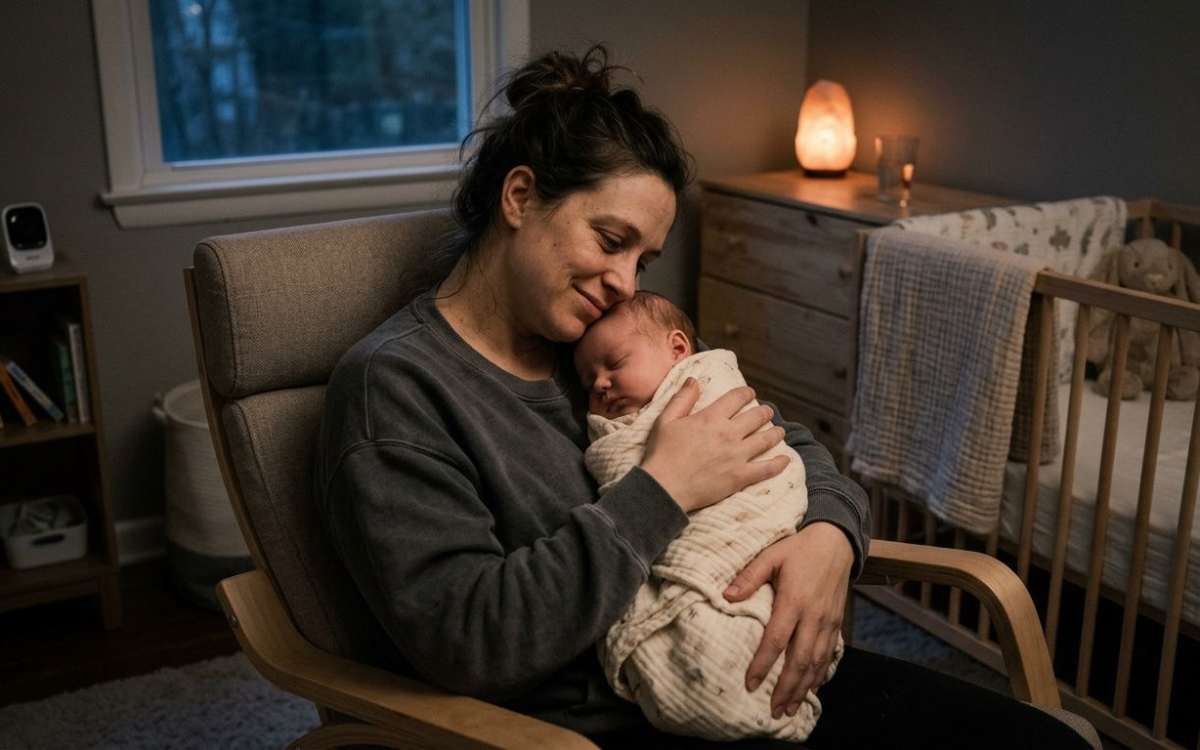 A gentle mother cradles her peaceful newborn baby wrapped in a swaddle while sitting in a nursery chair.