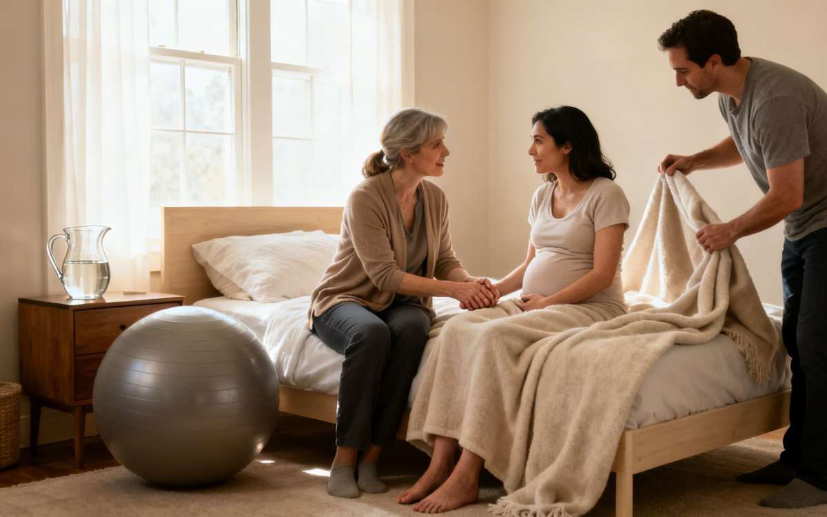 A man covers a pregnant woman with a blanket, while an older woman provides comforting support in a bright bedroom.