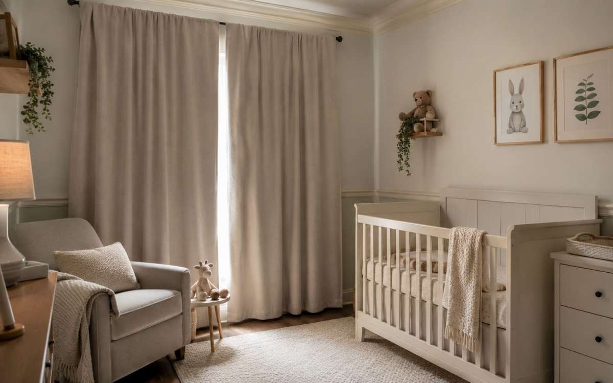 A cozy, neutral-toned baby nursery featuring blackout curtains, a white crib, a comfortable armchair, and cute woodland decor.