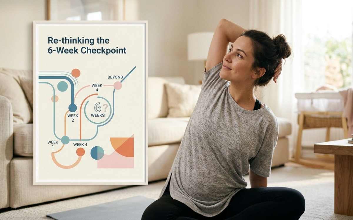 A woman stretches at home next to a framed infographic about post-pregnancy exercise and the six-week timeline.