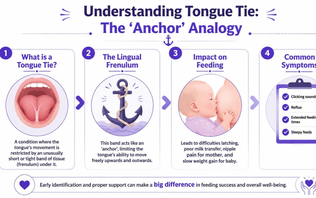 An infographic explaining tongue tie using an anchor analogy, detailing symptoms and impact on breastfeeding.