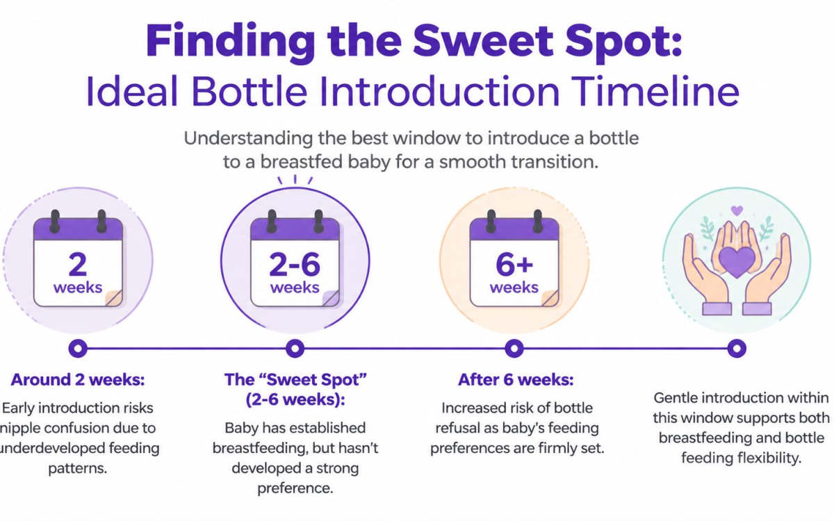 A timeline graphic showing the ideal time to introduce a bottle to a breastfed baby.