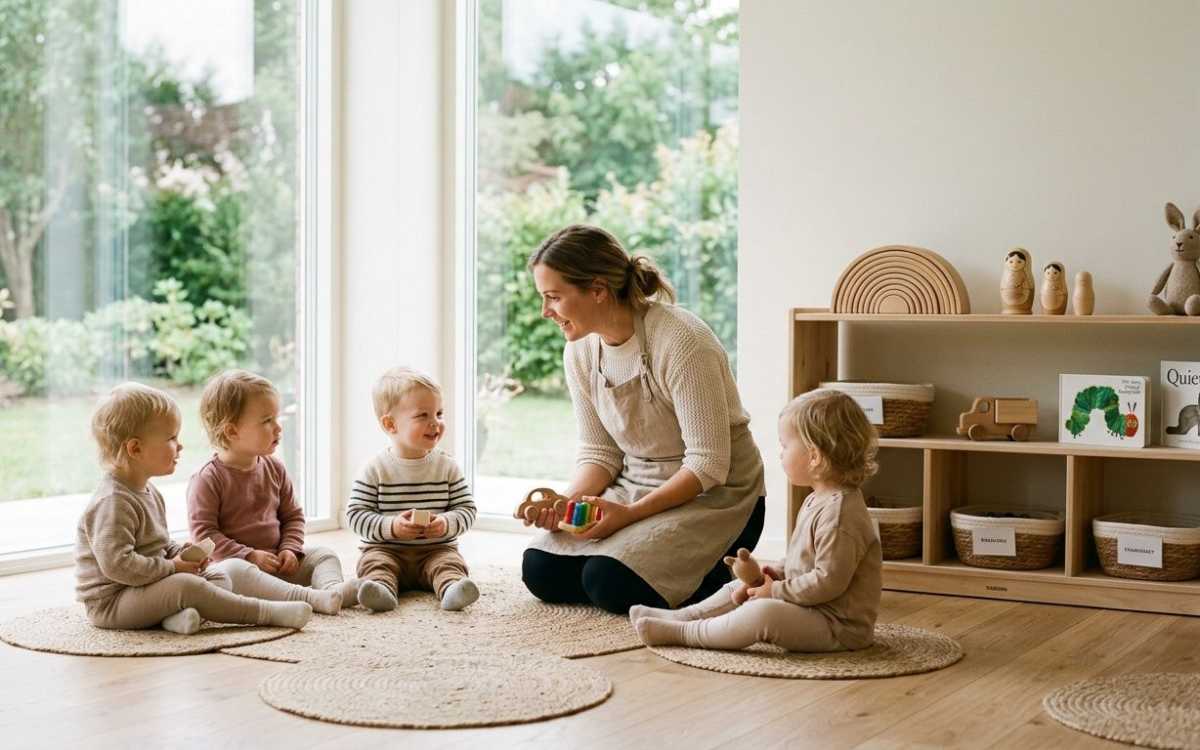 A childcare professional in a bright room interacts with young children sitting on round woven rugs.