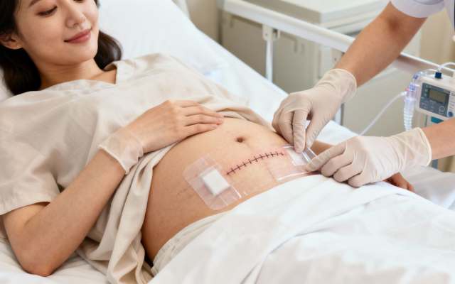 A healthcare worker applies a sterile dressing to a new C-section incision on a smiling woman