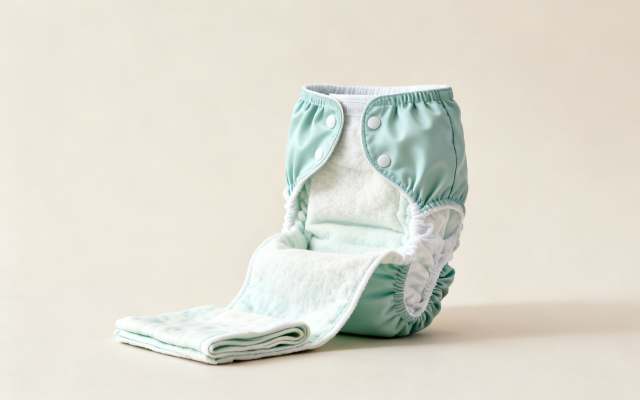 An open light green cloth diaper with white snaps and a folded absorbent insert on a light beige surface.