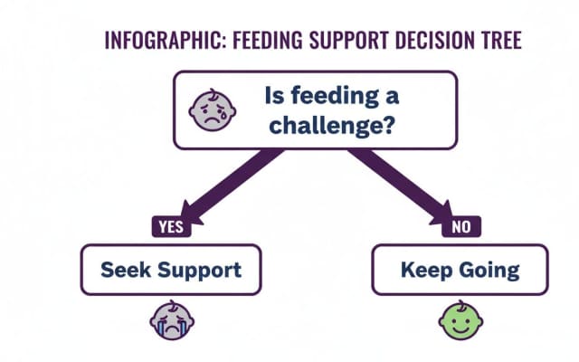 Decision tree infographic asking if infant feeding is a challenge, suggesting seeking support if yes, and keeping going if no.