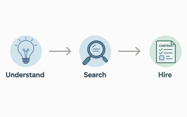 Three-step hiring process workflow showing lightbulb idea, magnifying glass search, and contract document icons