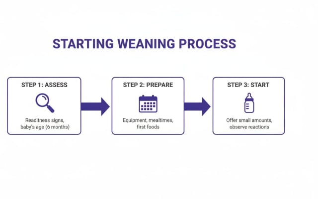 A flowchart outlining the three steps for starting the baby weaning process: assess, prepare, and start.
