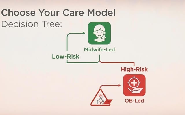 Decision tree diagram showing maternity care model options: low-risk midwife-led or high-risk obstetrician-led care pathways