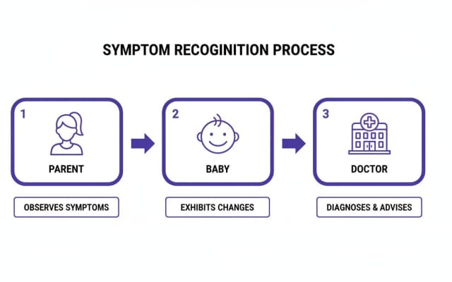 A flowchart showing the symptom recognition process: Parent observes symptoms, Baby exhibits changes, Doctor diagnoses and advises.