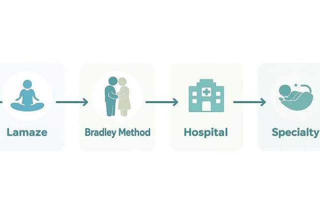 A flowchart showing childbirth preparation steps: Lamaze, Bradley Method, Hospital, and Specialty.
