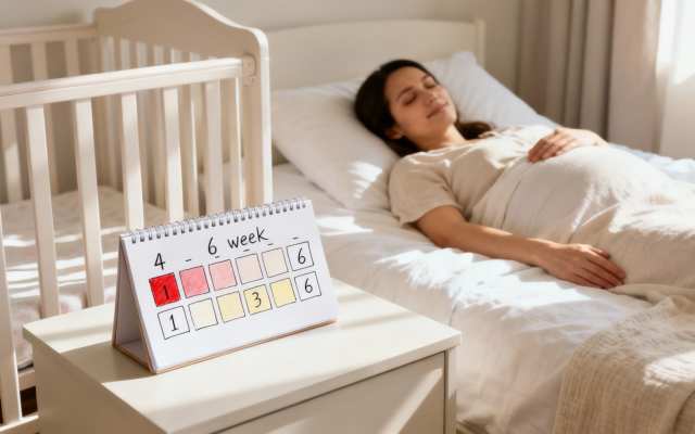 A pregnant woman rests in in bed next to a baby crib, with a postpartum week tracker.