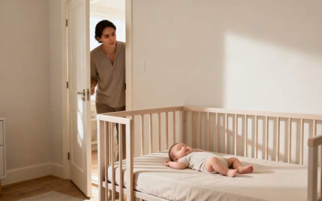 A loving parent quietly checks on their baby sleeping soundly in a light wooden crib.