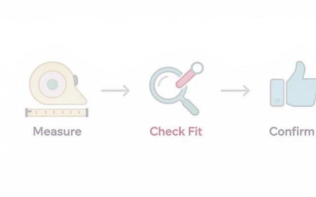 Three-step process diagram showing Measure (tape measure), Check Fit (magnifying glass, wrench), and Confirm (thumbs up).