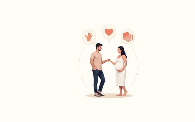 Expecting couple holding hands with icons showing hand, heart, and medical care above them