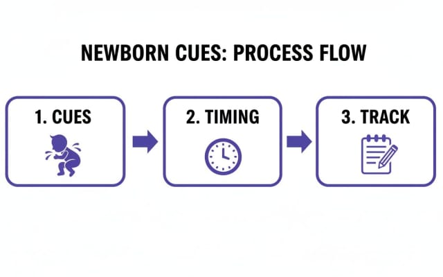 A three-step process flow for newborn cues: Cues, Timing, and Track, with corresponding icons.