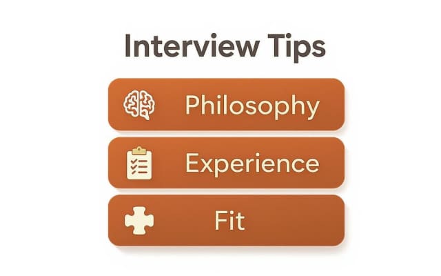 A graphic illustrating interview tips focusing on philosophy, experience, and cultural fit.