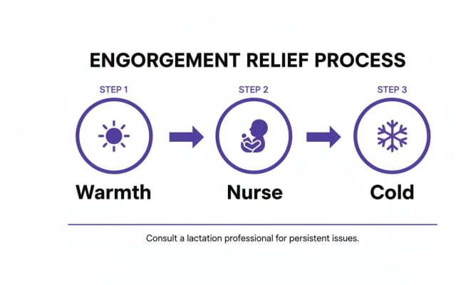 A diagram showing a 3-step engorgement relief process: Warmth, Nurse, Cold. Consult a lactation professional for persistent issues.