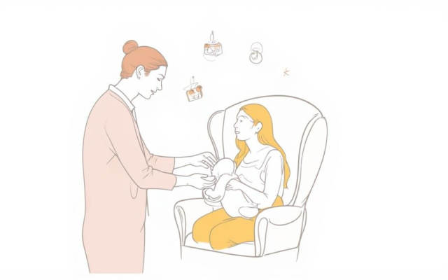 A lactation consultant assists a new mother with breastfeeding her baby in an armchair, offering guidance.