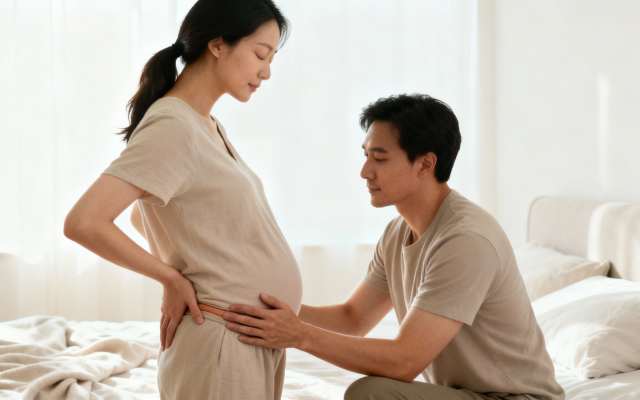 A loving husband supports his pregnant wife experiencing back pain, gently touching her belly.