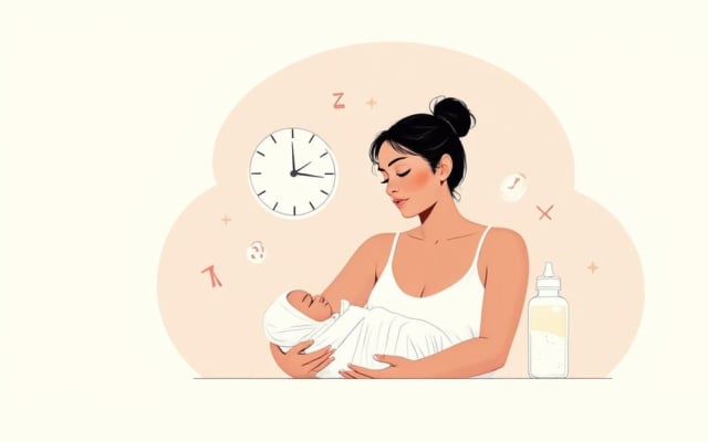 A loving mother holds her sleeping newborn baby, with a clock and baby bottle nearby, illustrating a new parent