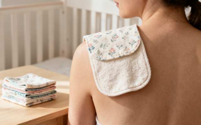 A woman wears a floral burp cloth over her shoulder, with a stack of clean cloths on a wooden table.
