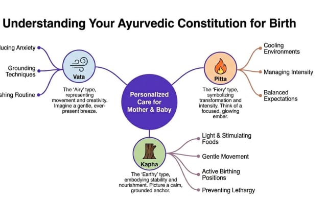A diagram explaining Ayurvedic birth types Vata, Pitta, and Kapha to support personalized care for mothers.