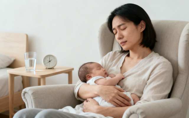 A tired mother holding her sleeping newborn baby in an armchair, resting peacefully.