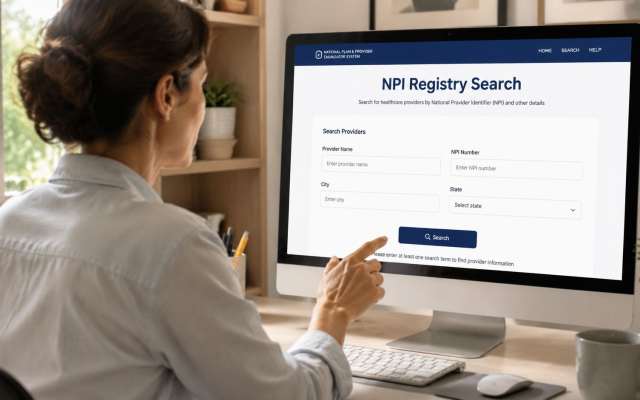 A woman searching for healthcare providers using the online NPI Registry Search tool on her computer screen.