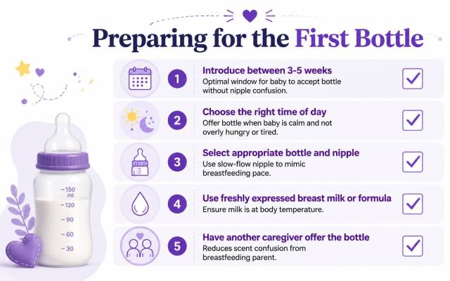 A helpful infographic showing five steps for successfully introducing a baby bottle for the first time.