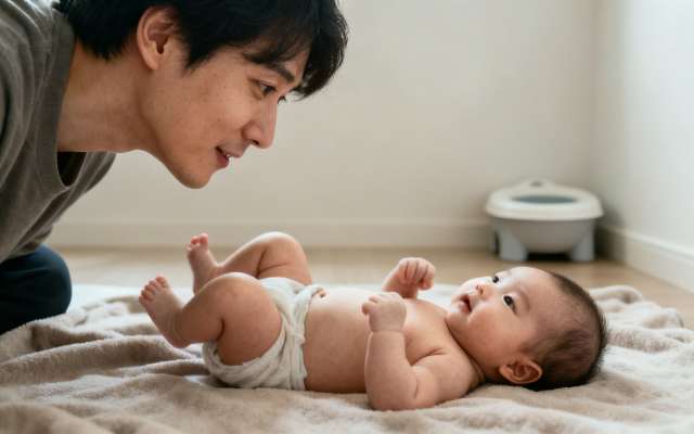 A smiling father interacts with his baby lying on a blanket, wearing a diaper, near a potty.