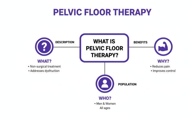 An infographic explaining pelvic floor therapy, detailing its description, benefits, and target population.