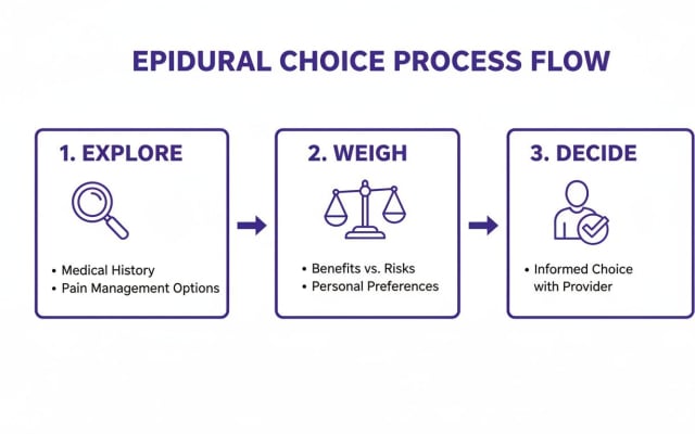 Flowchart outlining three steps for epidural choice: Explore, Weigh options, and Decide with provider.