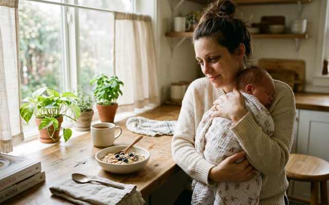 A mother gently cradles her sleeping newborn baby in a bright kitchen while a bowl of oatmeal sits nearby.