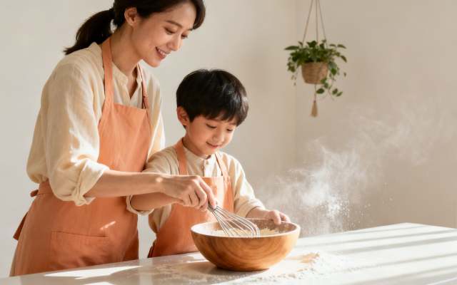 A happy mother and son in aprons baking together, whisking flour in a wooden bowl.