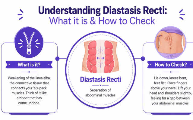 An infographic titled Understanding Diastasis Recti, showing how it is a separation of abdominal muscles.