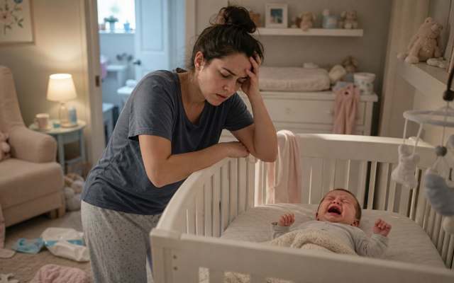 A tired, stressed mother stands by a crib in a dimly lit nursery as her baby cries.