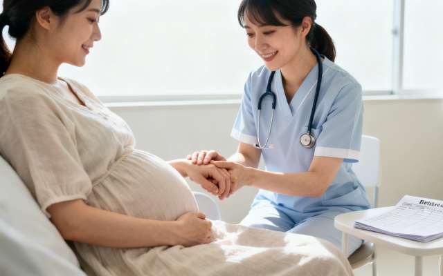 A smiling midwife or nurse holds the hand of a pregnant woman during a consultation.