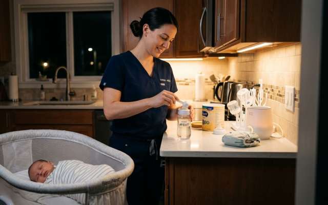 A newborn care specialist prepares formula in a kitchen while a swaddled infant sleeps in a bassinet.