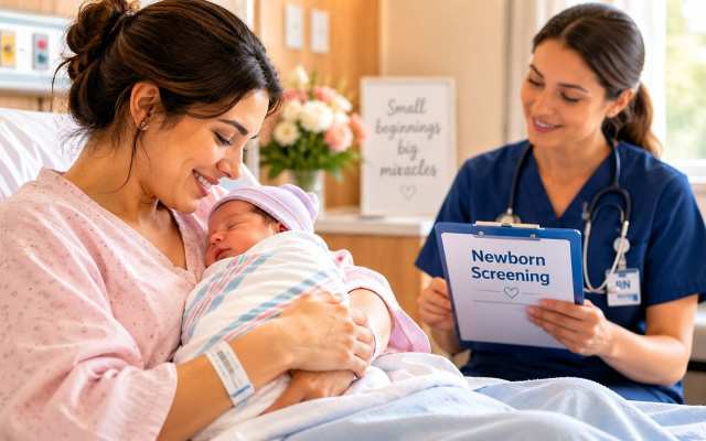 A smiling nurse discusses newborn screening test results with a new mother holding her baby in hospital.