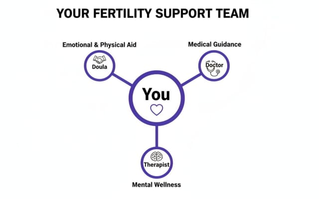A diagram illustrating a fertility support team with You at the center, connected to a Doula, Doctor, and Therapist.