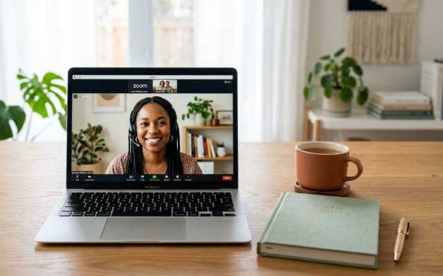 A laptop on a desk showing a virtual doula video call during a remote consultation session.