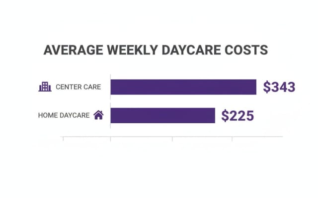 Bar chart comparing average weekly daycare costs: Center Care at $343 and Home Daycare at $225.
