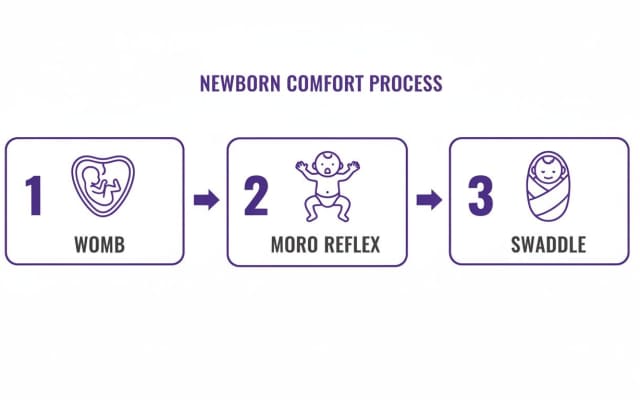 Infographic showing the newborn comfort process: from womb, to Moro reflex, and finally swaddling.