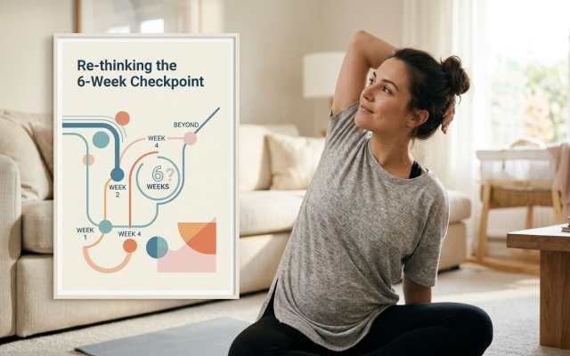A woman stretches at home next to a framed infographic about post-pregnancy exercise and the six-week timeline.