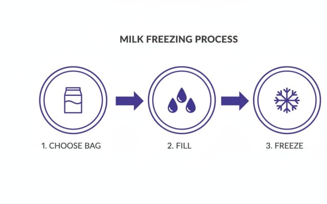 A three-step diagram illustrating the milk freezing process: choose bag, fill, and freeze.